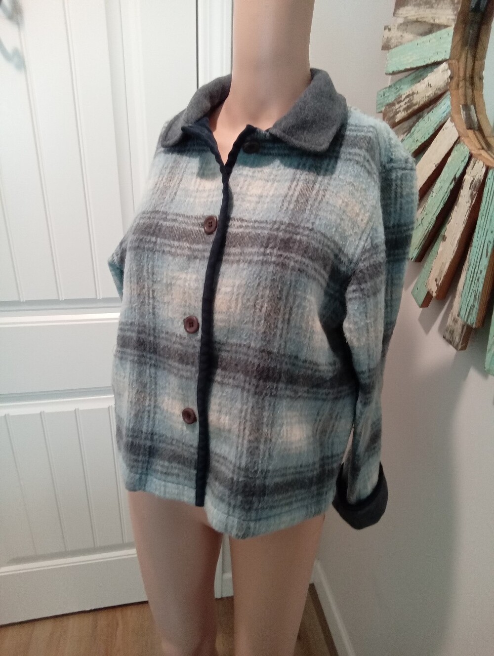 Vintage Norton McNaughton S Petite Blue Plaid Wool Blend Jacket Gray Knit Trim